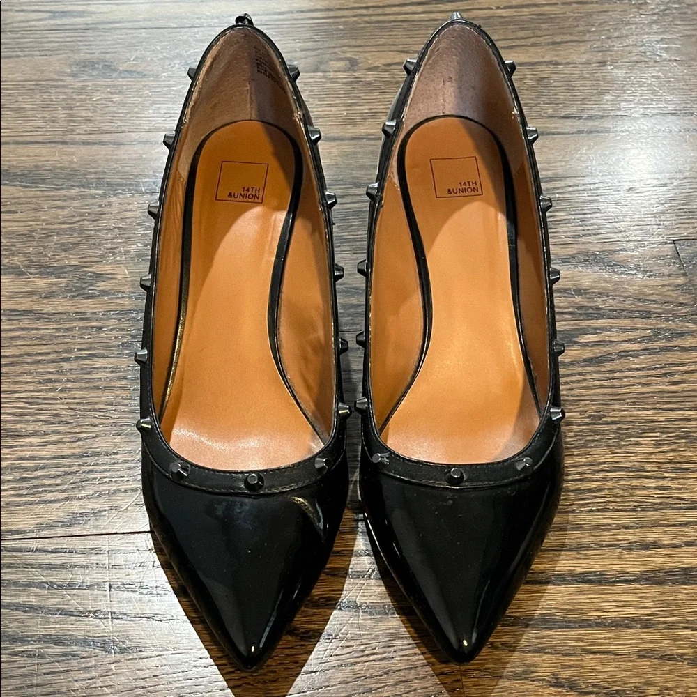 14th & Union Black Patent Studded Wedge Pumps - Picture 2 of 5